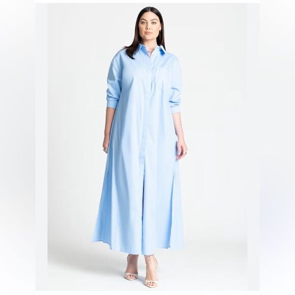 Eloquii Womens Collar Maxi Shirt Dress 14 Classic Blue Preppy Coverup Chic Plus - Picture 1 of 10